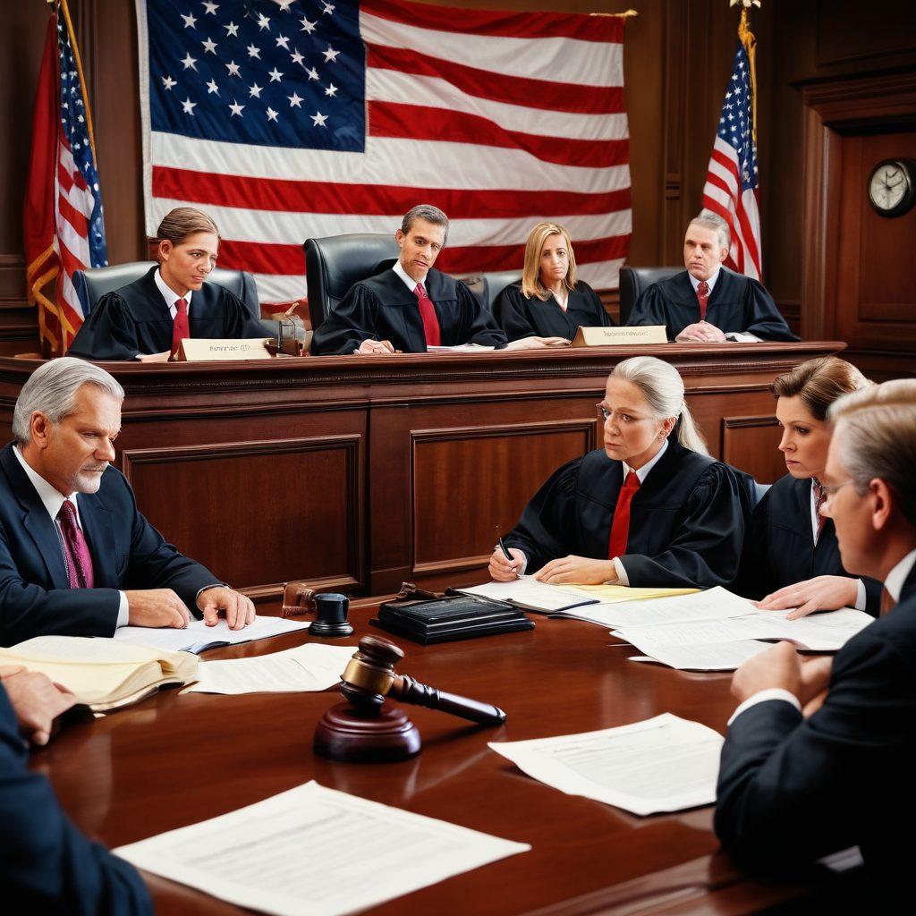 A detailed courtroom scene with a judge, attorneys, and individuals discussing over legal documents, reflecting the importance of the bankruptcy court system. Include background elements like a gavel, stacks of paper labeled 'Bankruptcy', and the US flag. The ambiance should convey seriousness and support, symbolizing the resources and services offered. super-realistic. vibrant colors.