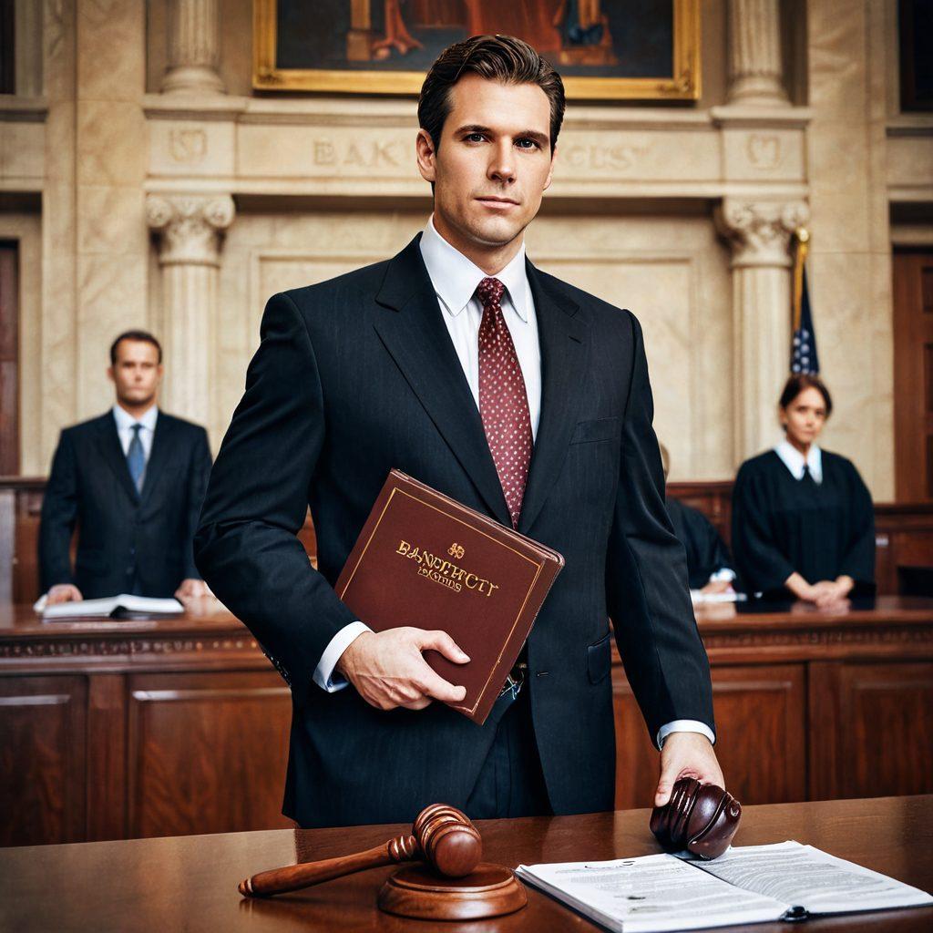 A confident lawyer in a sleek suit, standing in a grand but slightly intimidating courthouse, holding a thick book labeled 'Bankruptcy Procedures'. In the background, a judge's gavel is prominently featured with intricate legal documents scattered around. The scene should evoke a sense of guidance and expertise amidst complexity. super-realistic. rich details. muted tones.