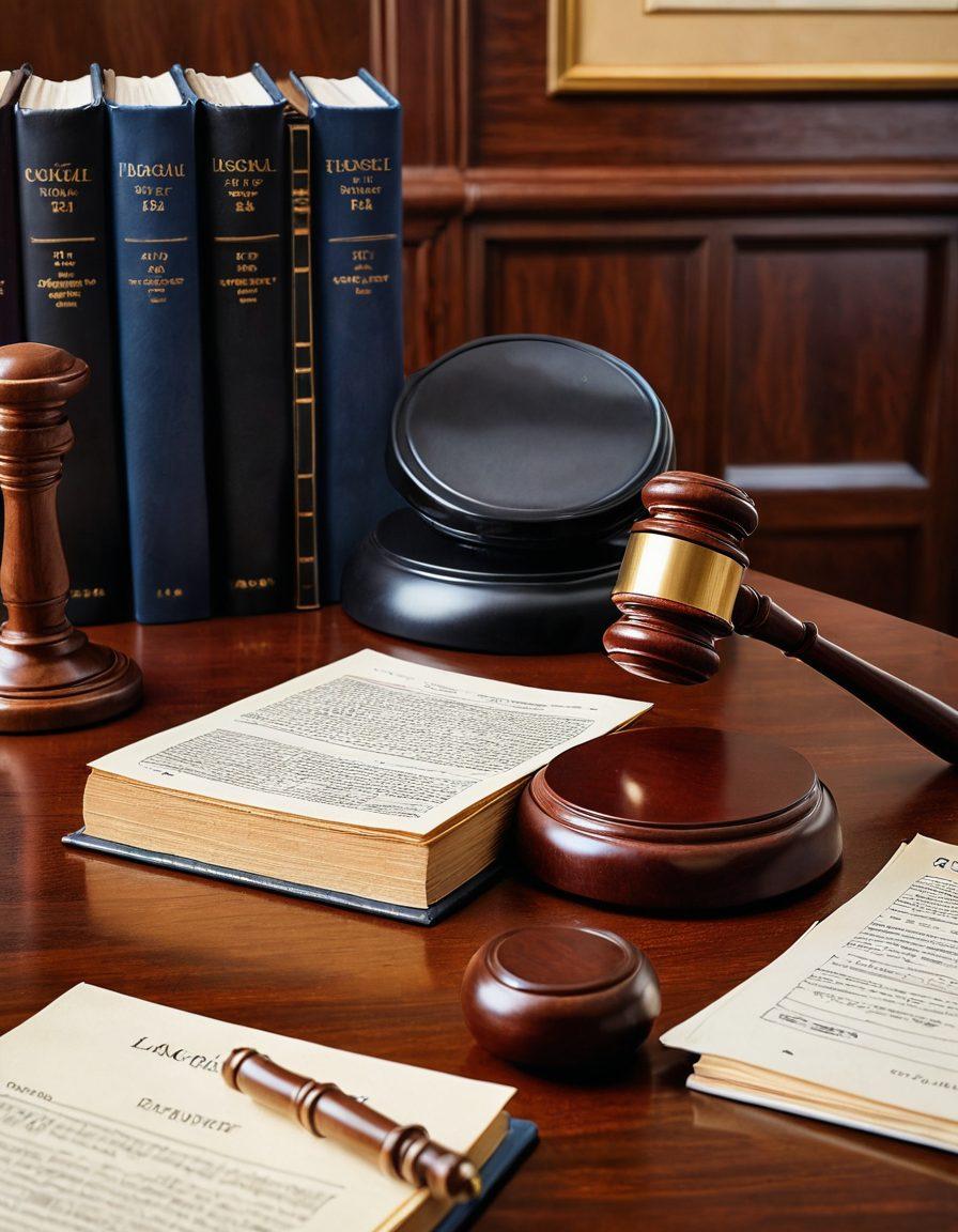 A distinguished courtroom setting with a gavel, legal books, and court documents on a wooden bench; a symbolic road map overlaid with key legal resources icons leading towards the judge's bench. super-realistic. deep, rich colors. professional ambiance.